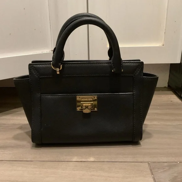 Michael Kors Tina Black Leather Small Tote Bag Satchel Crossbody Purse - Picture 7 of 8